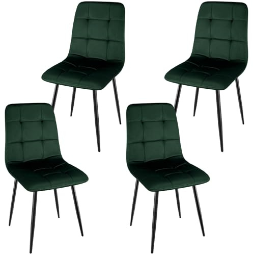 ANVOFONG 4er Set Esszimmerstühle Samtstoff Ergonomisches Gepolsterte | Modernes Design Schwarze Metallbeine Schachbrettmuster für Esszimmer Wohnzimmer Küche Schlafzimmer Dunkelgrün