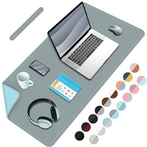 BLESWIN Schreibtischmatte, PU Leder Schreibtischunterlage, Wasserdichtes großes Mauspad, Leicht zu reinigende Laptop Matte für den Schreibtisch, Mauspad für Büro/Haus/Deko-Grau+Hellblau, 80cmx 40cm