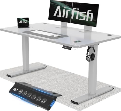 Airfish Höhenverstellbarer Schreibtisch 140x60cm mit USB-Buchse, Schreibtisch Höhenverstellbar Elektrisch mit Memory Funktion, 73-118cm, Grau