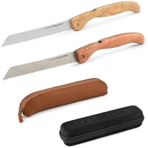 FOXXKNIFE Couteau à pain pliable de 18,5 cm, inoxydable, manche en bois d'olivier ou de padou. Avec sac à couteaux pratique - Gravure au laser possible sur demande (bois de padouk, étui en cuir, avec