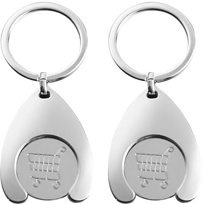 couduan 2 Pieces Portable Shopping Trolley Tokens Keyring,Stainless Steel Supermarket Shopping Cart Key Rings Hanging Ornaments,Trolley Coins Key Ring,Trolly Shopping Coin