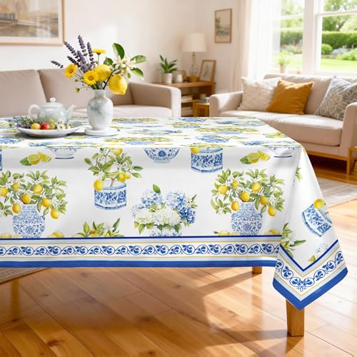 Arquiel Polyester Tischdecke mit Zitronemotiv, Waschbar, 140 x 180 cm | Wiederverwendbare, Waschbare Polyester Tischdecke mit Blättermuster, wasserabweisend für Sommerdeko
