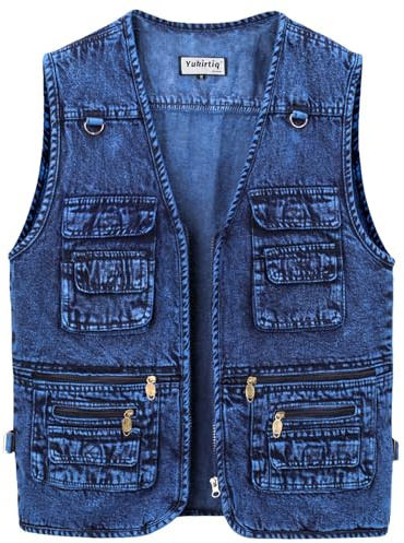 Yukirtiq Gilet en Jean pour Homme Cowboy Gilet Moto Multipoches Veste en Jean Sans Manche Denim Gilet Biker, Bleu clair, 3XL