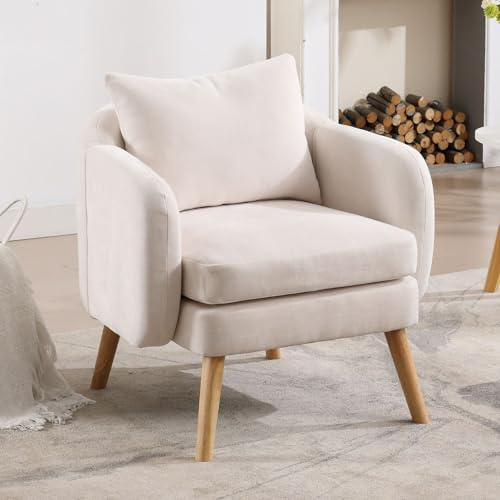Ya-Home Moderner Sessel aus Chenille Einzelsofa Wohnzimmer Loungesessel mit Armlehnen gepolsterter Armlehnensessel Ohrensessel mit Holzbeinen, Beige