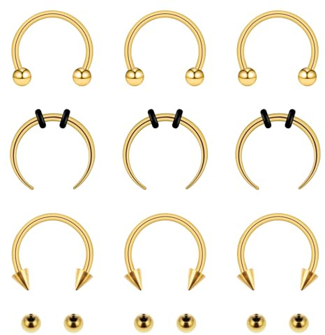 Meyeyaia 9Pcs Gold Septum Ring, 16g Surgical Steel Horseshoe Piercing, 10mm Horse Shoe Nose Ring, Hoop Earring, Eyebrow Tragus Helix Lip Rings Piercing Jewelry for Women Men With 3mm Replacement Ball