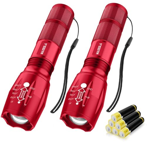 Maxesla 2 Pack LED Torch Rde,Gifts for Men Dad Kids, Zoomable Torches Led Super Bright Flashlight, Powerful Torches Battery Powered Water Resistant 5 Modes Mini Tactical Torch for Camping
