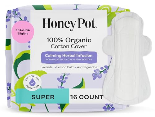 Honey Pot - Calming Herbal Super Sanitary Pads for Women - 100% Organic Cotton Top Sheet - Feminine Care - Non Cooling - Calming Herbs of Lavender, Ashwagandha, & Lemon Balm - 16ct