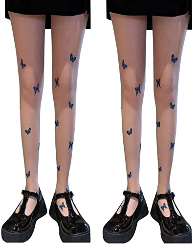 Lot De 2 Collant Fantaisie Femme Sexy, Collant Danse Classique Femme Imprimé Papillon Bleu Ultra-Fins Translucide sans Couture Chic Casual Légère Slim Fit Comfortable Tendance Streetwear