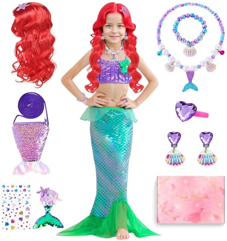 TOSZOLY Deguisement Sirene Fille, Cosplay Sirene avec Perruque, Cadeau pour Fille, Déguisements Sirenes Enfant pour Anniversaire Cosplay Carnaval