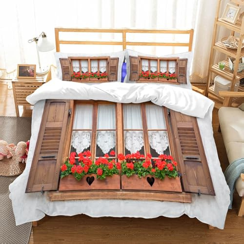 NIOYNJIS Bettwäsche Set 100% Baumwolle ist,Druck Alter europäischer Fenster mit Fensterläden und Blumen T.,und allem auch für Personen mit Hautsensibilisierung empfohlen 178x208cm