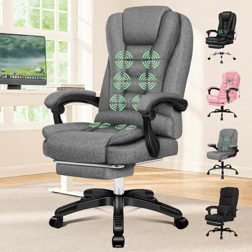 ELFORDSON Executive Office Chair with 8-point Massage Seat Heated, PC Desk Gaming Chair with Armrests Footrest High Back 150° Recliner Tilt Padded Swivel Fabric Linen, Grey