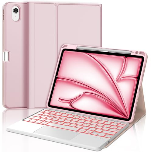 JADEMALL Coque Clavier avec Trackpad pour iPad Air 11 Pouces M2/M3 2025, AZERTY Français Clavier Rétroéclairé avec Pavé Tactile pour iPad Air 11 M2/M3, Détachable avec Porte-Crayon, Rose