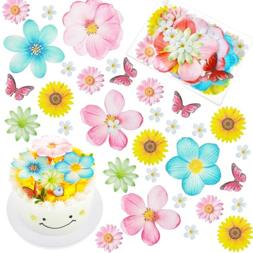 55 Stück Tortendeko Ringe Essbar Essbare Blumen für Torte Schmetterlinge Blumen Essbare Blüten Blume Schmetterling Kuchen Topper Esspapier für Torte Deko Gänseblümchen Zum Hochzeit Geburtstag Taufe