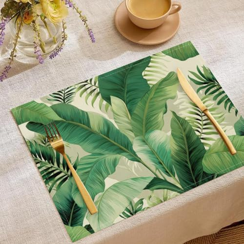 Set Di 6 Tovagliette Lavabili Foglie Banano Naturali Tovaglietta Con Illustrazione Tropicale Resistenti Al Calore, Sottopiatti Verde Smeraldo Facile Pulizia Antiscivolo Per Tavolo Da Cucina, 45X30Cm