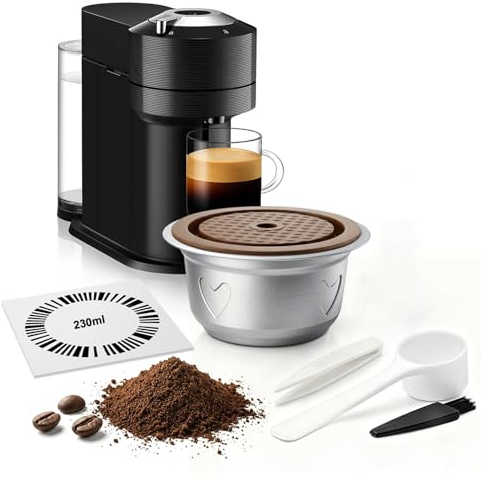 FOVNOT Reusable Capsules Refillable Coffee Pods Food Grade Silicone Lids Stainless Steel Coffee Capsule Compatible with Ve-tuo Pop/Next, De-longhi ENV135/ENV150, Ve-tuoline GCA1 (230mL)