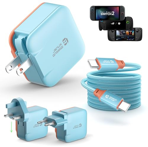 JSAUX 65W USB C Charger for Nintendo Switch 2, Supports TV Mode, with EU/UK Plugs & 6.6FT Cable, GaN PD Fast Charging for Steam Deck, ROG Ally, Mobile Phone, Tablet & Laptop - Blue&Orange
