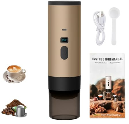 ILESTDG Machine A Cafe Portable, Machine À Café Multi Capsules Expresso CafetièRe Rechargeable Avec Écran LED Auto-chauffage Électrique,Pour Camping, Bureau,Les Voyages (Or)