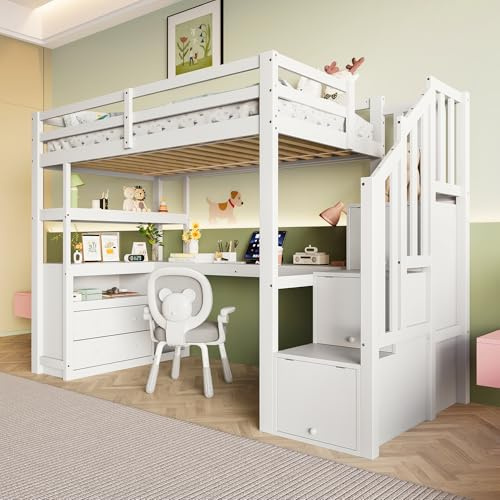 Oxtao Hochbett 90x200cm, Etagenbett mit Schreibtisch und Treppe, Kinderbett mit Stauraumschubladen und Regale, Stockbett Funktionsbett Jugendhochbett (Weiß, 90x200CM)