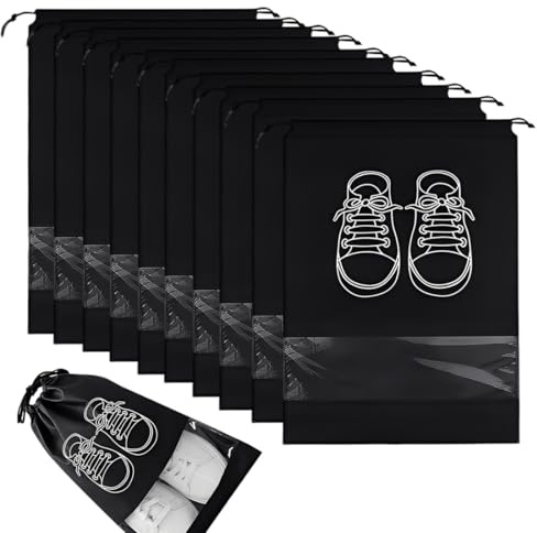 JUGUTA Sac Chaussures Voyage, Lot De 10 Pièces, Housses Anti-Poussière Avec Cordon De Serrage Et Fenêtre Transparente, 44Cm X 32Cm, Pour Maison Et Voyages, Noir