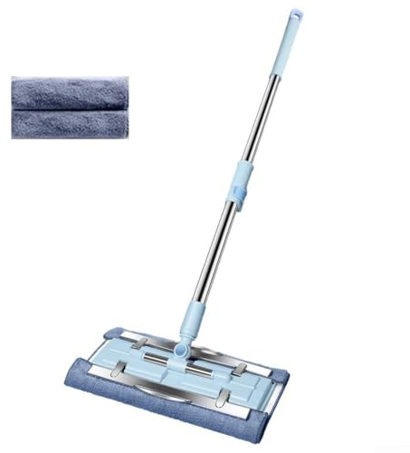 Balai plat avec serpillères en microfibre et manche en acier inoxydable, conçu pour capturer la poussière et les poils sur différents types de sols, y compris le marbre et le bois (bleu)