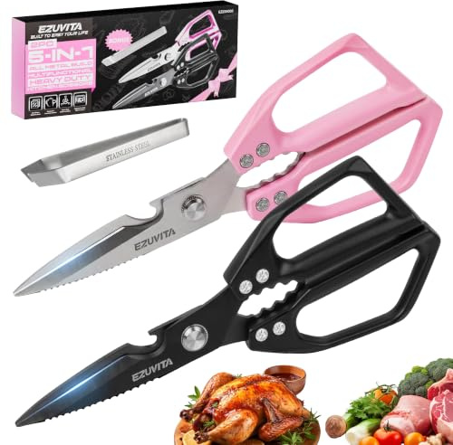 EZUVITA 2PC 5-in-1 Multifunctional Heavy-Duty Korean Kitchen Scissors Set, All Purpose Kitchen Shears with Stainless Steel Blades, Bone Cutting scissors for Meat, Fish, Turkey, Vegetables