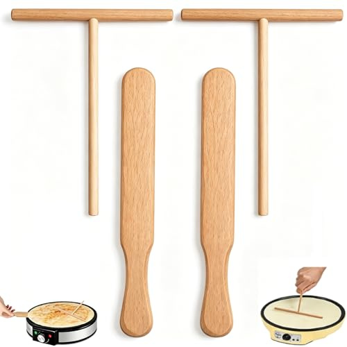 4 Stück Crepes Verteiler, 2 Buchenholz Teigschaber und 2 Buchenholz T-Spachtel, Professionelles Crepe Zubehör für Perfekte Pfannkuchen, Hochwertige Teigverteiler für Crepes Maker