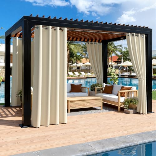 ISOISL Outdoor Vorhang Wetterfest, Garten Outdoor Vorhang mit Ösen 1,6 Zoll, Blickdicht Sichtschutz & Sonnenschutz für Terrasse Balkon Pavillon, 132 x 274 cm (BxH), Beige, 2 Stück