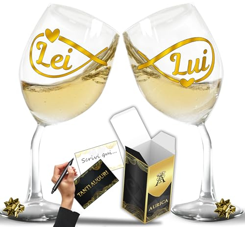Aurìca Coppia Calici Vino Personalizzati LUI LEI ∞ – Due Bicchieri Piegati Coordinati Con Simbolo Infinito Per Celebrare L’Amore E I Momenti Insieme Con Confezione Regalo Inclusa