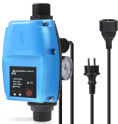SWAWIS Druckschalter Wasserpumpe Pumpensteuerung Druckschalter Hauswasserwerk Max. 10 bar Druckwächter mit Manometer & Kabel für Tauchpumpe Kreiselpumpe Tiefbrunnenpumpe Gartenpumpe Blau