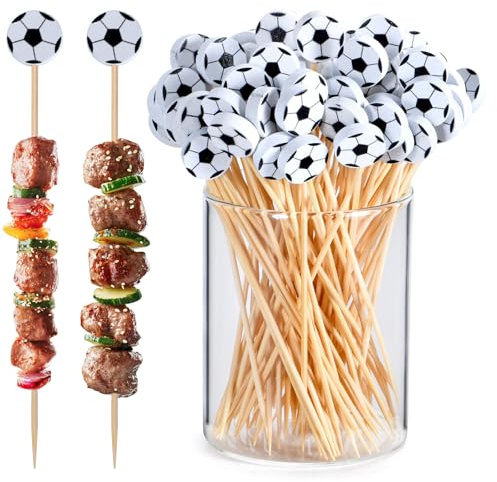 SSIMIDAPT Palillos de Cóctel de Fútbol, 100pcs Palillos de Bambú Decorativos, Brochetas Madera para Aperitivos, Frutas, Pasteles, entremeses y Decoraciones con Temática de la Copa Mundial de Fútbol