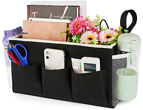 Lilithye Bedside Caddy Bedside Organizer Bedside Storage Caddy with Fixed Straps and Water Bottle Holder for Home College Dorm Bunk Bed Hospital Bed Crib Bed Rails (Black)
