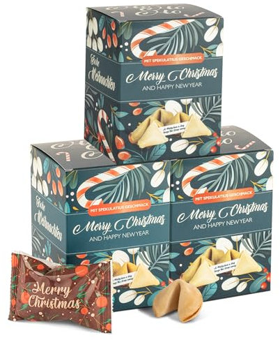 FOOD Crew 30x Weihnachtsglückskekse mit Spekulatius Geschmack - Glückskekse - Süßigkeiten Weihnachten - Gebäck Einzeln Verpackt mit deutschen Sprüchen - Vegan - Made in Germany