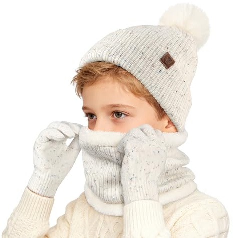 OZERO Kinder Winter Set (6-12 Jahre) - Strickmütze Loop Schal Thermo Handschuhe mit Fleece-Futter,Rutschfeste Handschuhe, Warmes 3er Set für Jungen & Mädchen,Outdoor Spielen & Kindergarten