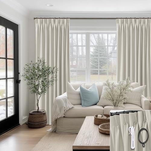 SHINELAND 8FT Bay Window Curtains 2 Panel Sets for Living Room 96 Inch Length,8 Foot FT Linen Pinch Pleated to 98 Inch Long Blackout Farmhouse Drop Cloth Curtains