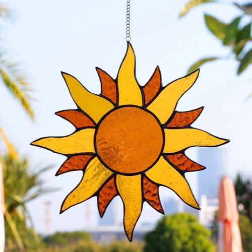 IKSII Real Stained Glass Window Hanging,8.6x8.7 Sun Catchers Indoor,Stain Glass Window Hangings,Suncatcher Light Catcher Panels Decor Ornaments Gifts for Mom Plant Lovers Gardeners Men