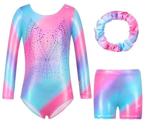 Hotfiary Justaucorps de gymnastique pour filles - Manches longues/sans manches - Justaucorps de danse scintillant avec short de gymnastique - Tenue de danse pour enfants de 5 à 12 ans, Style #87, 9-10