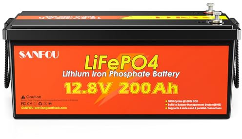 SANFOU Batterie LiFePO4 12V 200Ah, Batterie au Lithium 2560Wh avec BMS 100A, 5000-15000 fois Batterie de Voiture, Supporte 4S4P, Parfaite comme source d'alimentation pour Camping-cars