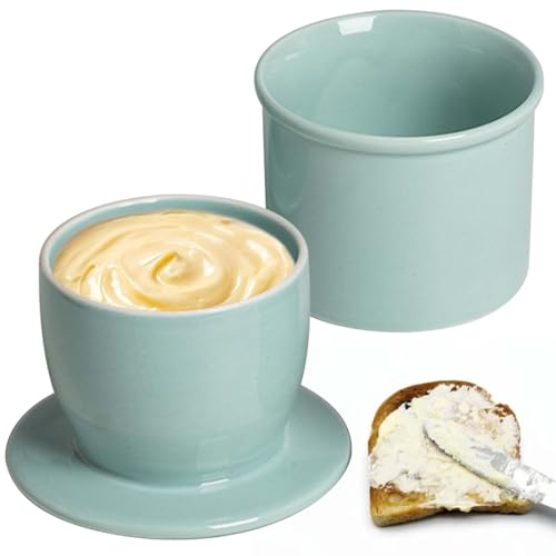 Burriera francese, in ceramica con coperchio rotondo, raffreddato ad acqua con linea di galleggiamento, campana del burro, campana in ceramica per burro spalmabile, azzurro