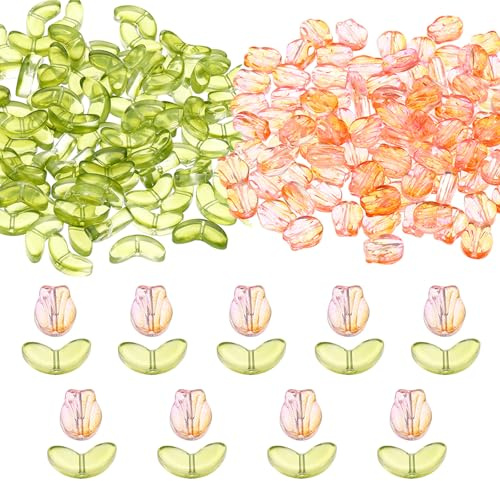 PATIKIL Tulip Flower Crystal Glass Beads, 200 Pack Texture Flower Bead Handcrafted Glass Spacer Bead for Jewelry Making Bracelet Earring, Yellow/Green