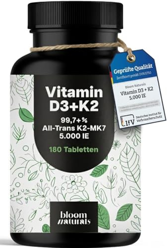 Vitamin D3 K2 5000 IE hochdosiert – 180 Tabletten – Premium 99,7+% All-Trans K2-MK7 – produziert in Deutschland Laborgeprüft - Verpackung kann variieren