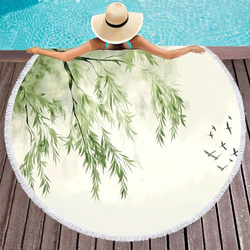 CDXNORA Asciugamano Da Spiaggia Rotondo Paesaggio Ad Acquerello Coperta Da Spiaggia Rotondo Tappetino Da Yoga Tovaglia Da Tovaglia Da Picnic Tappeto Fatto Mano, 150 * 150 Cm Salice