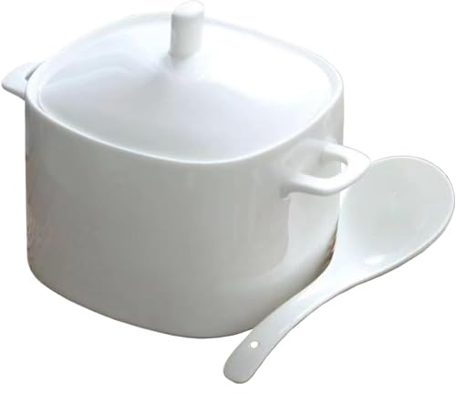 FENNVV Large Ceramic Soup Tureen, White Porcelain Soup Serving Bowl with Lid and Ladle Set Bone China Bowl for Restaurant Home Kitchen Decoration, Microwave and Dishwasher Safe
