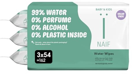 Naïf - Plastikfreie Feuchttücher - 162 Stück (3er x 54 Feuchttuch) - Pflege für Babypo, Körper und Gesicht - 99% aus Wasser - 0% Parfüm und Alkohol
