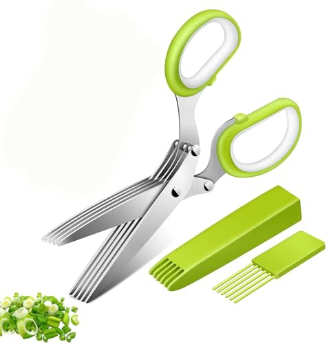 Forbici per Erbe Aromatiche,Forbice Cucina a 5 Lame in Acciaio Inox con Coperchio di Sicurezzaper Erba Cipollina, Prezzemolo, Erba Cipollina, Spezie Verdure