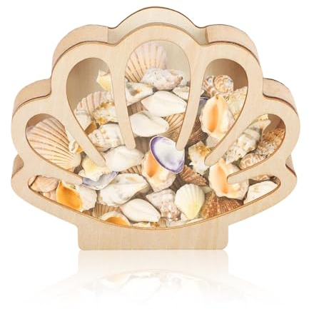 Rayakt Seashell Display Case - Wooden Seashell Display Box with Clear Acrylic Cover, Beach Gifts, Decorative Sea Shell Holder Storage Box for Beach Themed Home Decor Memory Keepsake Box