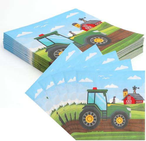 XRVRILE 40 stycken traktorservetter, 33 x 33 cm servetter bondgård dekoration födelsedag, bondgård födelsedagsdekoration, tårtdekoration, traktor för pojkar flickor temafest