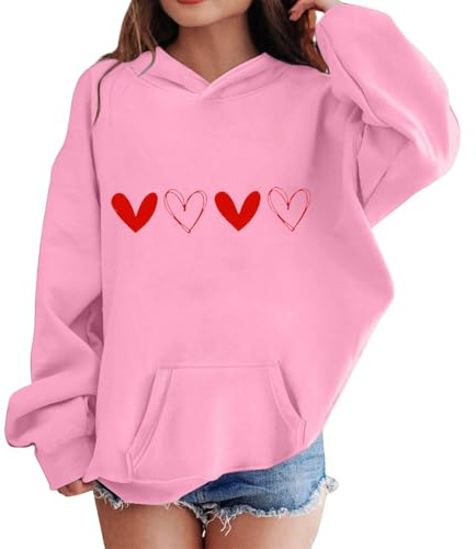 Mjjsk Flickor Hjärtan Grafisk Huvtröjor Mode Långärmad Pullover Tröjor Ledig Snygg Skola Huvtröja Preppy Söt Huvtröja Toppar, Rosa, 3-4 Years