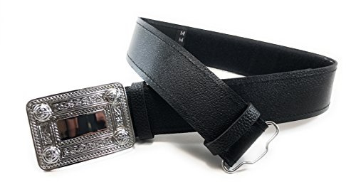 KSUC Supplies Black Leather Plain Scottish Highland Kilt Belt With Celtic Design Chrome Buckle. (Medium)