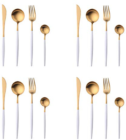 BISDARUN 16 Pièces Vaisselle en Blanc+Or Couverts avec Matt Polonais 304 Vaisselle en Acier Inoxydable Service pour 4 Lavable au Lave-vaisselle