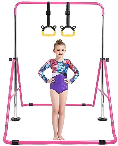 Horizontal Bar Gymnastics Kids Garden Home Reck Stretching Folding Value Gift Set, Fitness Expandable Gym Training Bar Equipment Adjustable Height for Boys Girls Color Pink Blue Outdoor Indooor (Pink)
